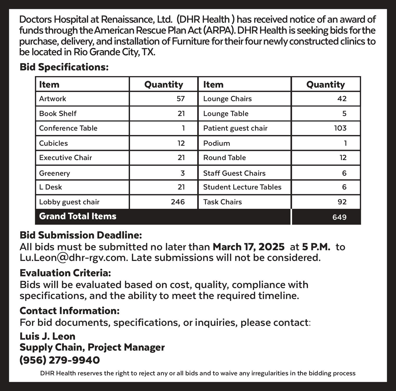 Bid Notice Furniture